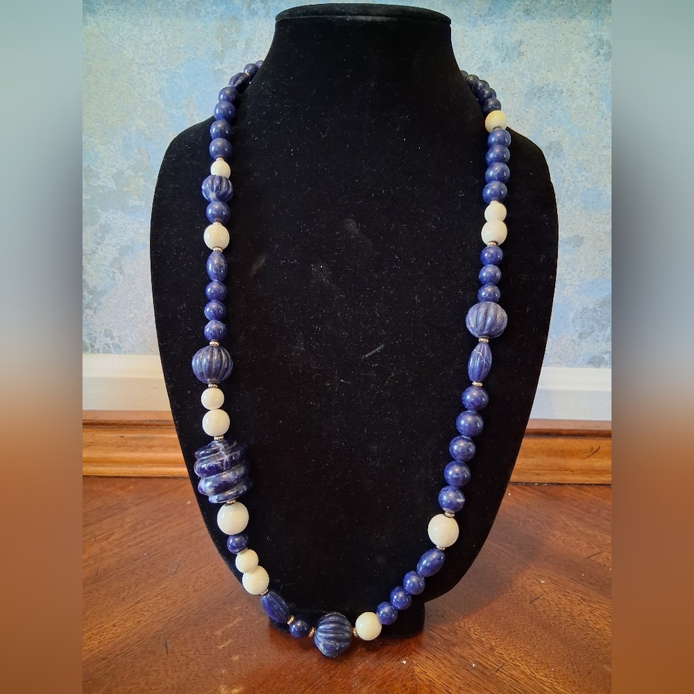 Sandra David Lapis Lazuli and Cream Beaded Necklace